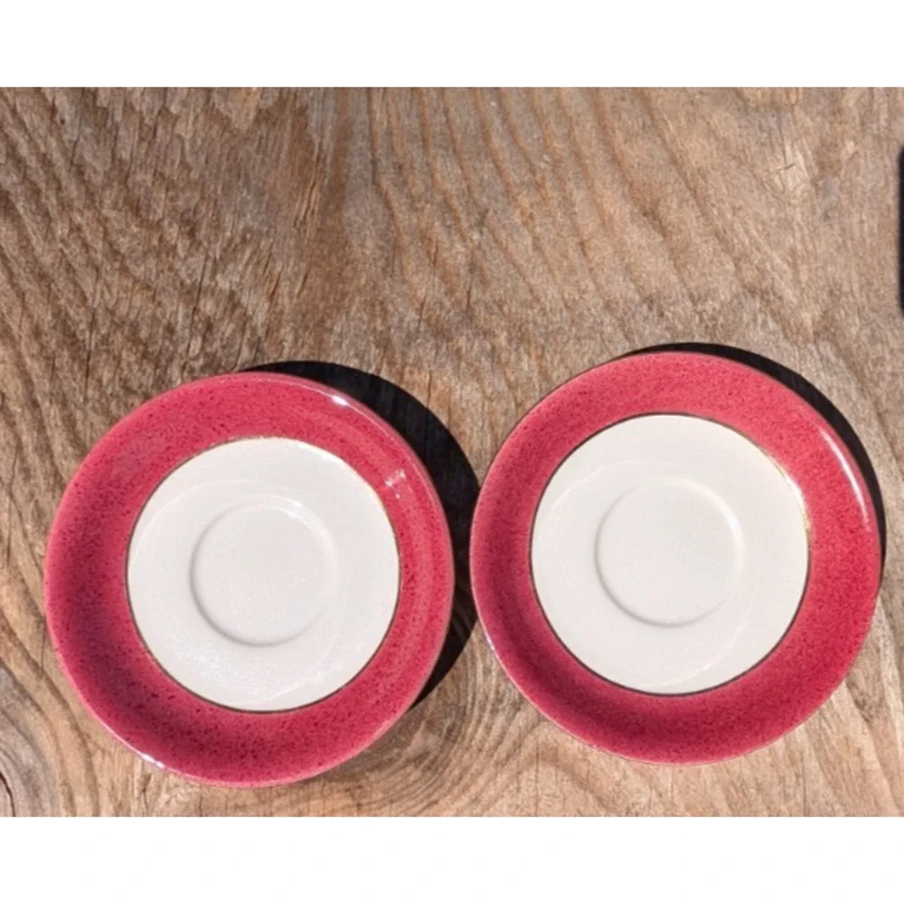 Nikko Riviera Red Saucers Ironstone Japan Gold Trim Set of 2